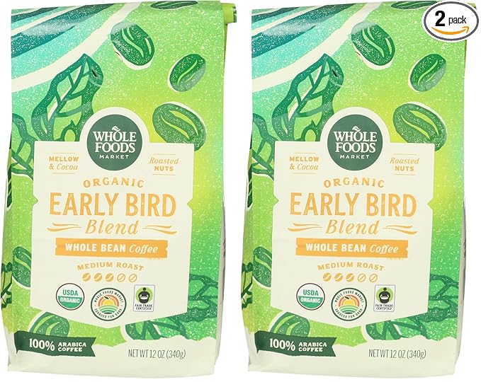 WHOLE FOODS MARKET Organic Whole Bean Early Bird Coffee, 12 OZ (Pack of 2)