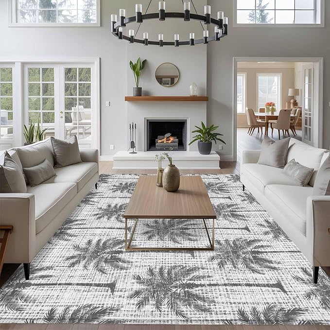 Area Rug 9x12ft, Summer Palm Tree Retro Linen Washable Rugs for Living Room Bedroom Rectangle Floor Carpet, Tropical Gray Botanical Soft Non-Slip Area Rugs for Dining Room
