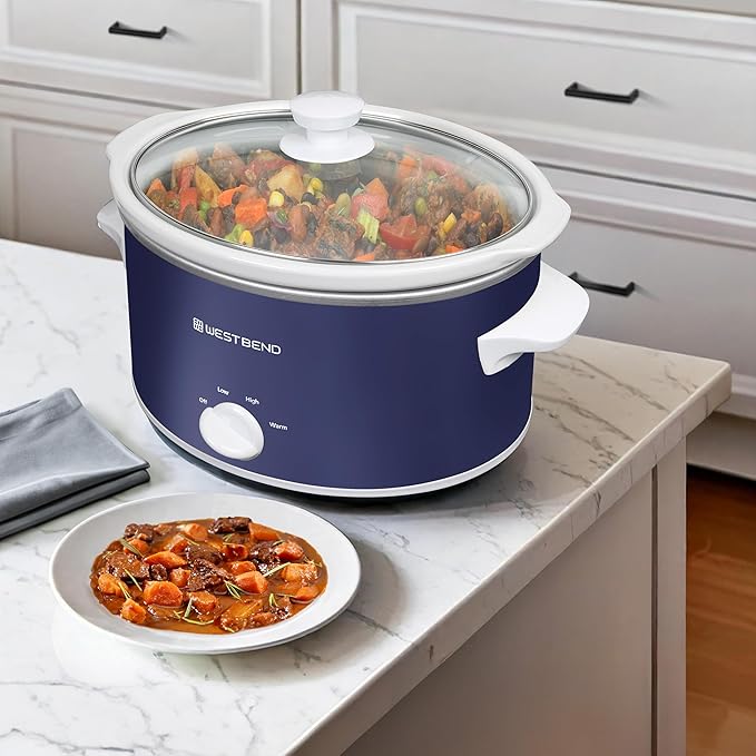 West Bend Slow Cooker 4-Quart Manual Crockery Style with Dishwasher Safe Oval Ceramic Crockpot and Glass Lid Two Temperature Settings Plus Keep Warm, 210-Watts, Navy