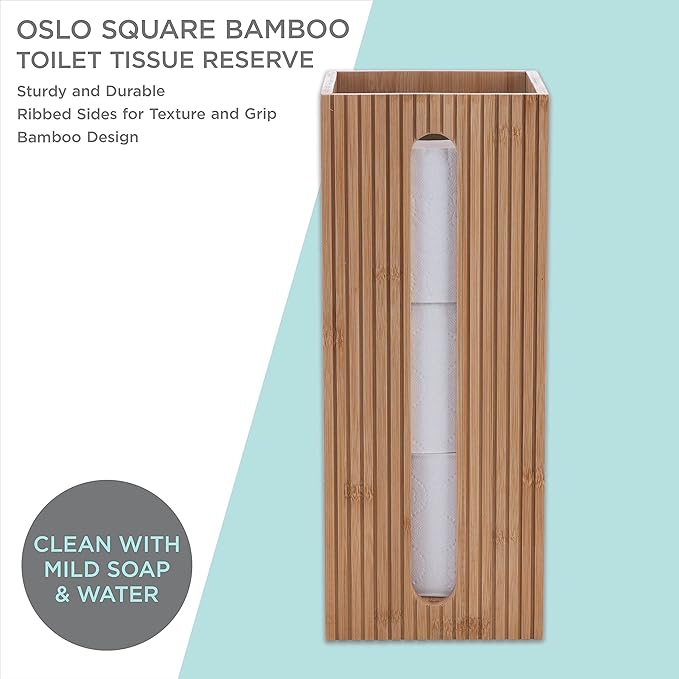 Bath Bliss Square Toilet Tissue Reserve | Dimensions: 5.71 x 5.71 x 14.17 | Bamboo Design | Bathroom Décor | Holds 3 Roles | Easy to Clean | Bamboo