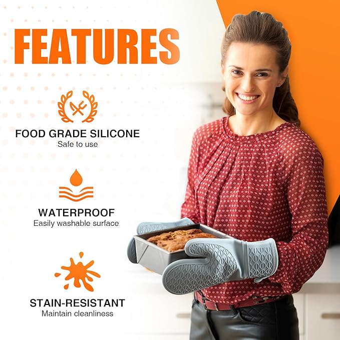 Silicone Oven Mitts, Heat Resistant 2PCS Oven Mitts with Soft Cotton Lining, Waterproof Non-Slip Grip Oven Glove, Kitchen Potholder Mits for BBQ, Baking, Cooking, 12.5 Inch - Grey