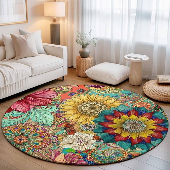 Washable Round Area Rug Boho Colorful Blossom Flower Circle Rugs Floor Carpet for Living Room Bedroom, Country Retro Ethnic Floral Soft Non Slip Round Rug 5ft