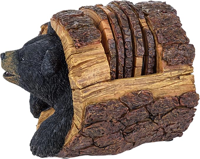 Black Bear Rustic Log Coaster Set - Drink Holders for Home Decor - Bear Print Cabin Coasters