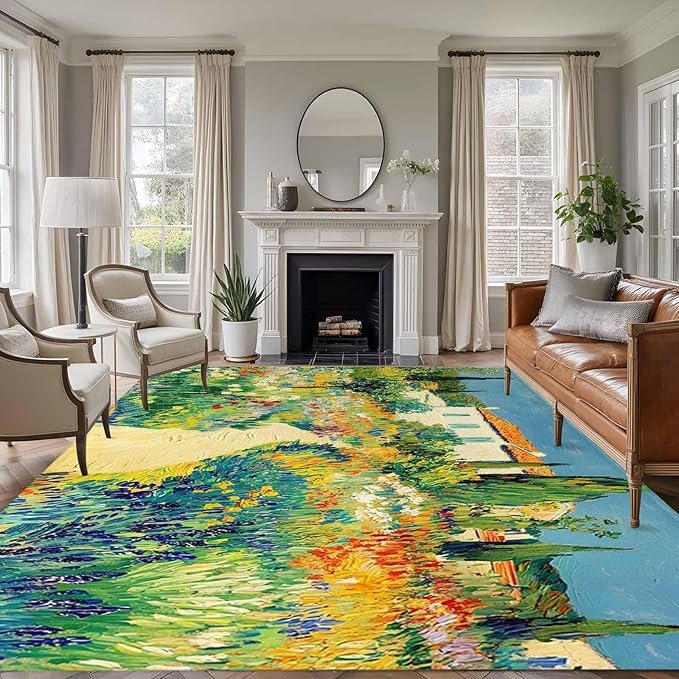 Area Rug 9x12ft, Pastoral Floral Pink Yellow Flower Green Leaves Washable Rugs for Living Room Bedroom Rectangle Floor Carpet, Farm Plants Soft Non-Slip Area Rugs for Dining Room