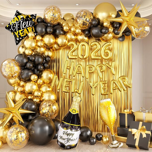 Happy New Years Decorations 2026 Eve Party Supplies with Black Gold Confetti Balloons New Year Banner Gold Fringe Curtain Backdrop for Nye Decorations