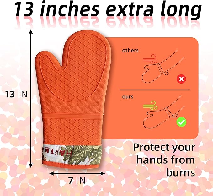 Pair of 2 Heat-Resistant Silicone Oven Mitts – Extra Long, Non-Slip Grip, Soft Cotton Lining, Perfect for Baking, Cooking & BBQ – 13” x 7” Kitchen Gloves (Pumpkin)