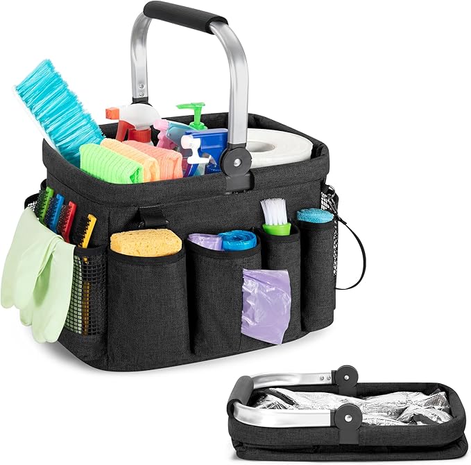 PGmoon Cleaning Caddy Organizer with Handle, Cleaning Tote Bag with Multiple Pockets for Cleaning Supplies, Products Storage, Housekeepers, Kitchen Cleaning Supplies, Black