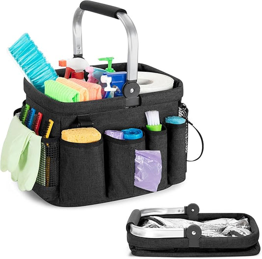 PGmoon Cleaning Caddy Organizer with Handle, Cleaning Tote Bag with Multiple Pockets for Cleaning Supplies, Products Storage, Housekeepers, Kitchen Cleaning Supplies, Black