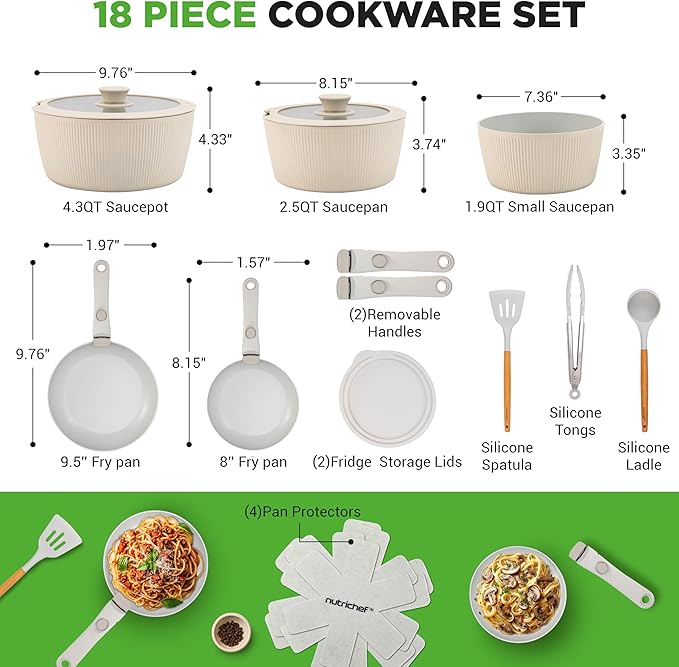 NutriChef 18-Piece Ceramic Cookware Set with Detachable Handles, Space-Saving Nonstick Pots, Pans & Lids, Oven-Safe Bowls, Stackable Storage, Includes Cooking Utensils & Accessories (Cream)