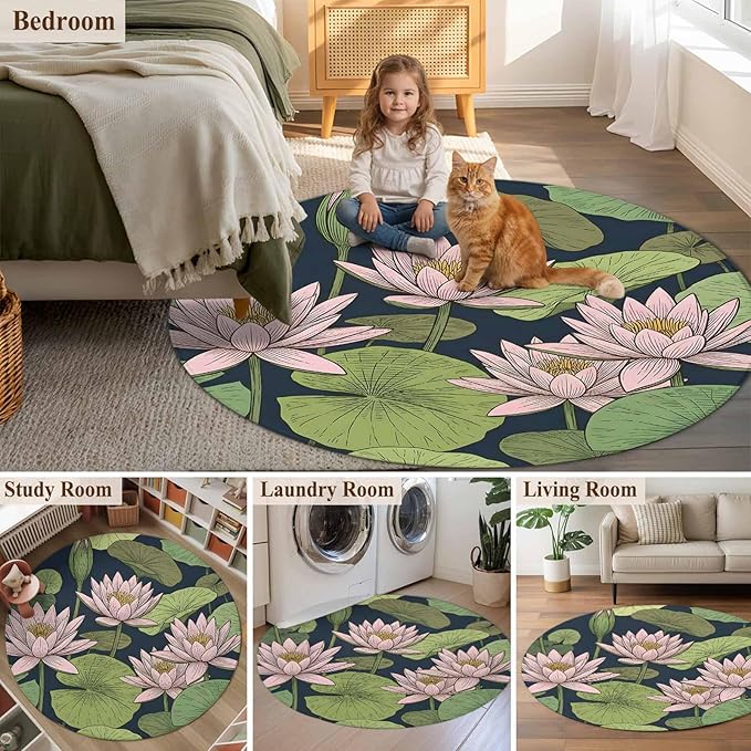 Washable Round Area Rug Pink Lotus Water Lily Dark Green Leaves Circle Rugs Floor Carpet for Living Room Bedroom, Oriental Style Soft Non Slip Round Rug 3ft