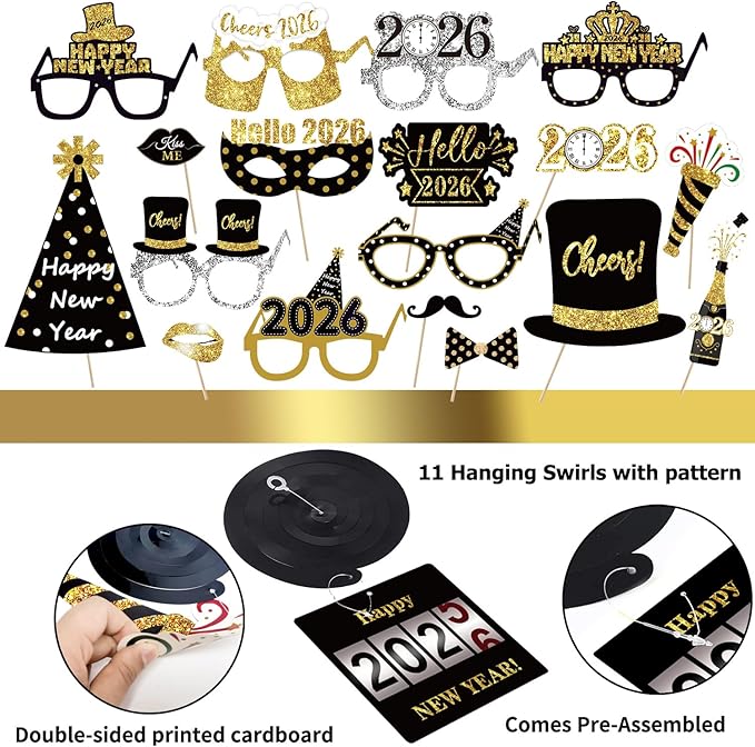 MOVINPE New Years Eve Party Decorations 2026 Black Gold, Happy New Year Party Supplies, Banner Pompoms Number Balloon Fringe Curtain Photo Booth Props Hanging Swirl Squawkers Blowouts