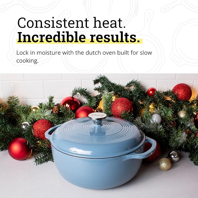 Lodge Essential Enamel Cast Iron Dutch Oven - Perfect for Bread Baking, Braising, Marinating & Slow Cooking - Features Moisture-Sealing Lid & Dual Handles - Kitchen Essentials - 6 Quarts - Storm Blue