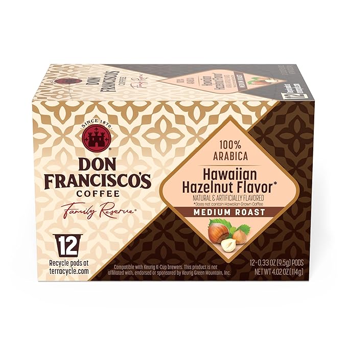 Don Francisco's Hawaiian Hazelnut Flavored Coffee Pods, 12 Count, Medium Roast, Compatible with Keurig Brewers