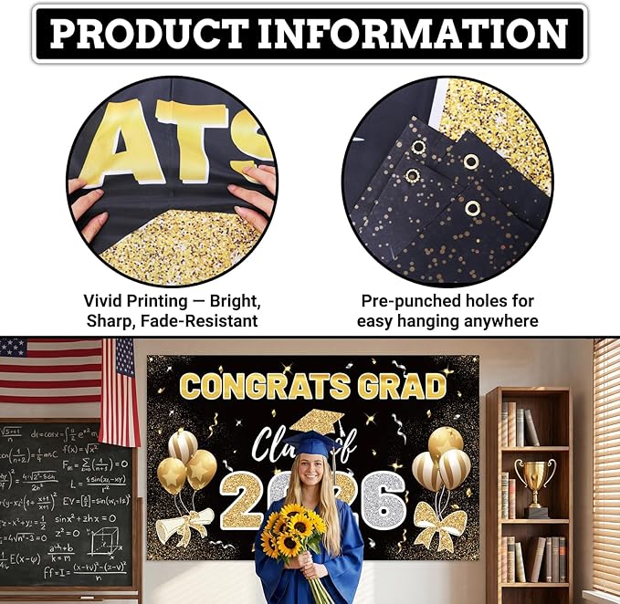 Black and Gold 2026 Graduation Party Decor Kit-Includes Backdrop, Banner, Balloons, Hanging Swirls & Honeycomb Centerpieces for Class of 2026 -Full Set for High School and University Graduation Events