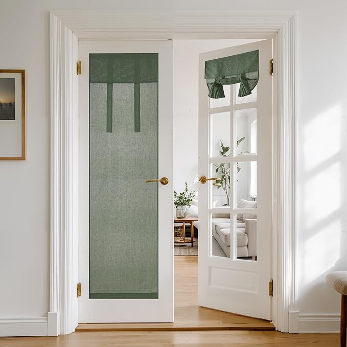NICETOWN Forest Green Linen Door Curtains for French Door Windows, 26 x 68 Inch for Glass Window, Thermal Insulated Shade for Bedroom, 1 Panel