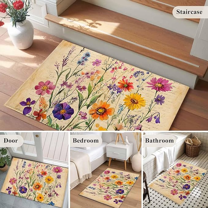 Area Rug 2x3ft, Farmhouse Colorful Small Flower Washable Rugs for Living Room Bedroom, Retro Backdrop Seamless Soft Non-Slip Area Rugs Rectangle Floor Carpet for Dining Room