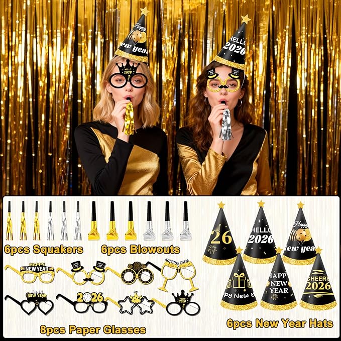 59PCS Happy New Year Party Supplies 2026-New Year Decorations 2026 with Happy New Year 2026 Banner Balloon Paper Glasses Cone Hat Fringe Curtains for Black Gold Happy New Years 2026 Decorations