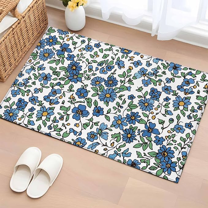 Area Rug 2x3ft, Blue Tiny Flowers Green Leaves Washable Rugs for Living Room Bedroom, Farmhouse Botanical Soft Non-Slip Area Rugs Rectangle Floor Carpet for Dining Room