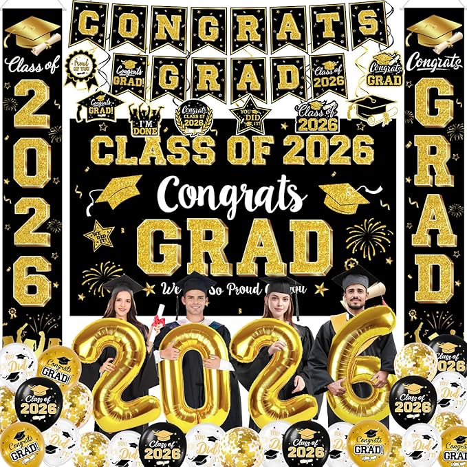 Graduation Decorations Class of 2026 - Black and Gold Graduation Party Supplies Include Backdrop, Banner, Hanging Swirls, Porch Sign, Balloons for Congrats Grad Decorations