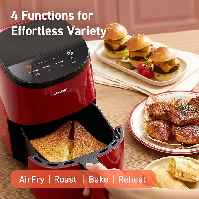Cosori Air Fryer 2.1 Qt, 4-in-1 Small Mini Airfryer, Bake, Roast, Reheat, 97% Less Oil, Compact & Quiet, Nonstick & Dishwasher Safe Basket, 30 In-App Recipes with Nutrition Facts, Auto-Shut Off, Red