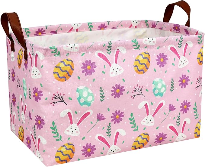 Kid Large Empty Easter Basket Personalized Fabric Bunny Easter Basket for Boy and Girl (Rabbit Easter Egg Pink)