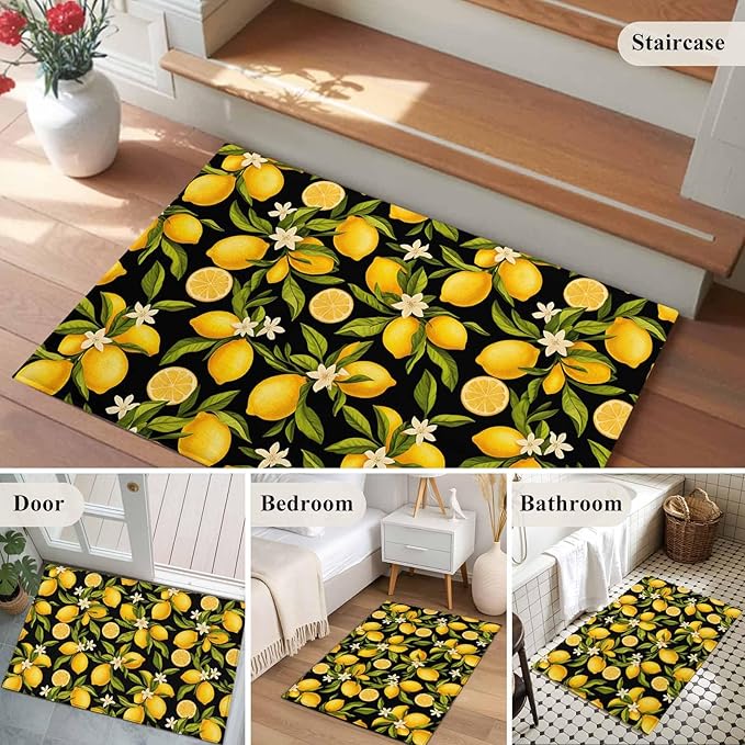 Area Rug 2x3ft, Summer Lemon Flower Washable Rugs for Living Room Bedroom, Plant on Black Soft Non-Slip Area Rugs Rectangle Floor Carpet for Dining Room