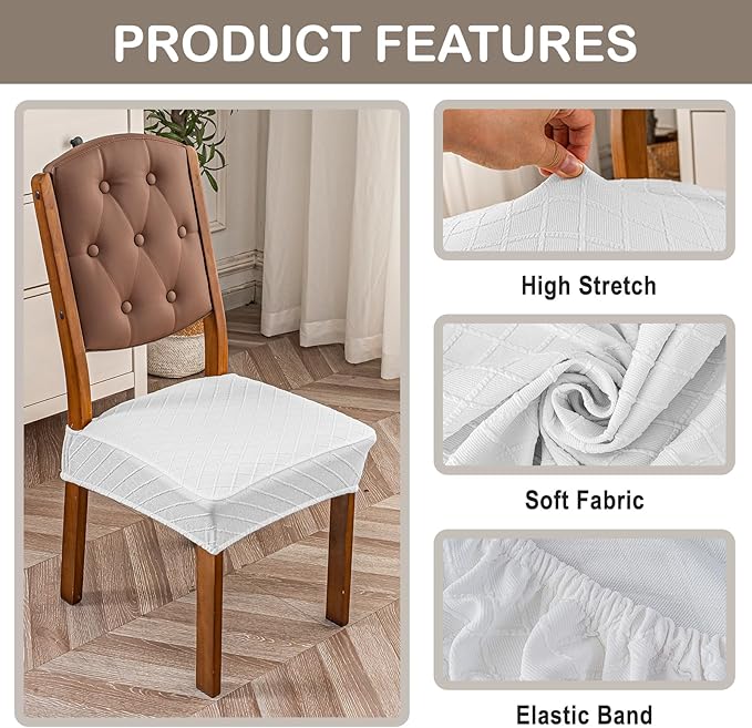 Genina Waterproof Seat Covers for Chairs,Set of 4 Dining Room Chair Seat Covers for Kitchen,Stretch Jacquard Removable Washable Dining Chair Slipcovers Protectors,No Rear Covers, White
