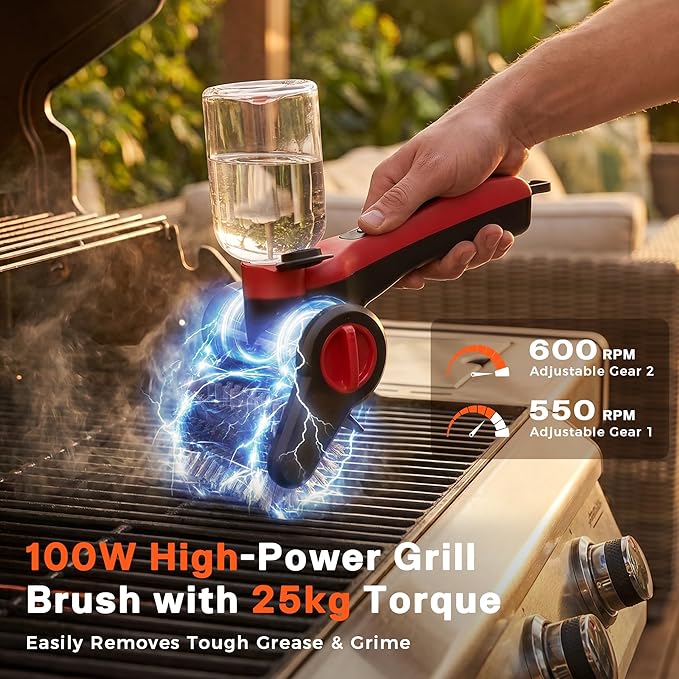 Electric Grill Brush, 100W High Power Cordless BBQ Cleaner with 300ml Water Spray Tank, IPX8 Waterproof Automatic Scrubber for Gas Charcoal Grills, 2-Speed Rechargeable Power Brush with Scraper