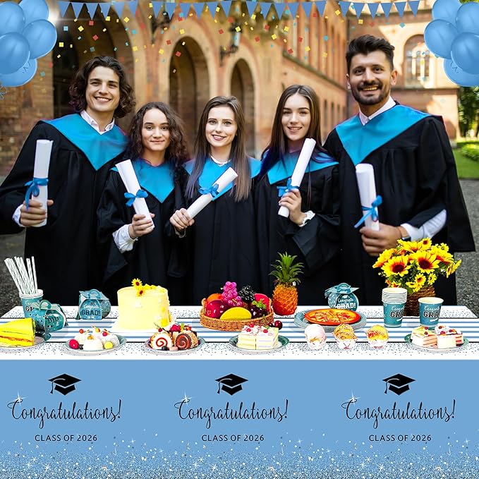MASHAN 12 Pack Class of 2026 Graduation Tablecloths,Foil Dot Plastic Disposable Rectangle Table Covers for 2026 High School University College Graduation Party Decorations,108 * 54 Inch (Light Blue)