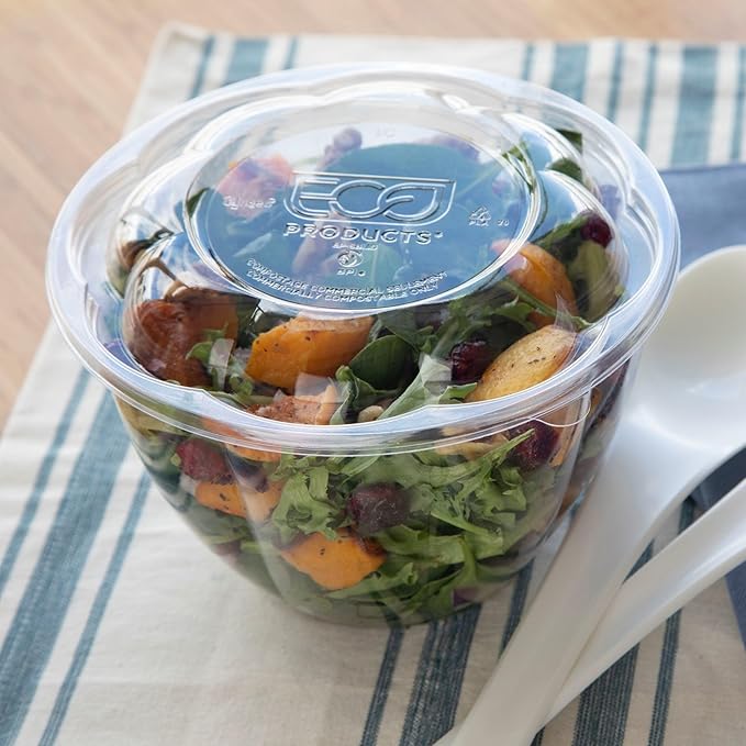 Eco-Products Compostable 24-48oz Salad Bowl Lids, Case of 300, Fits 24-48oz Round To Go Containers, Renewable PLA Material Made from Plants, Cold Foods, Clear, ASTM Compliant, BPI-Certified