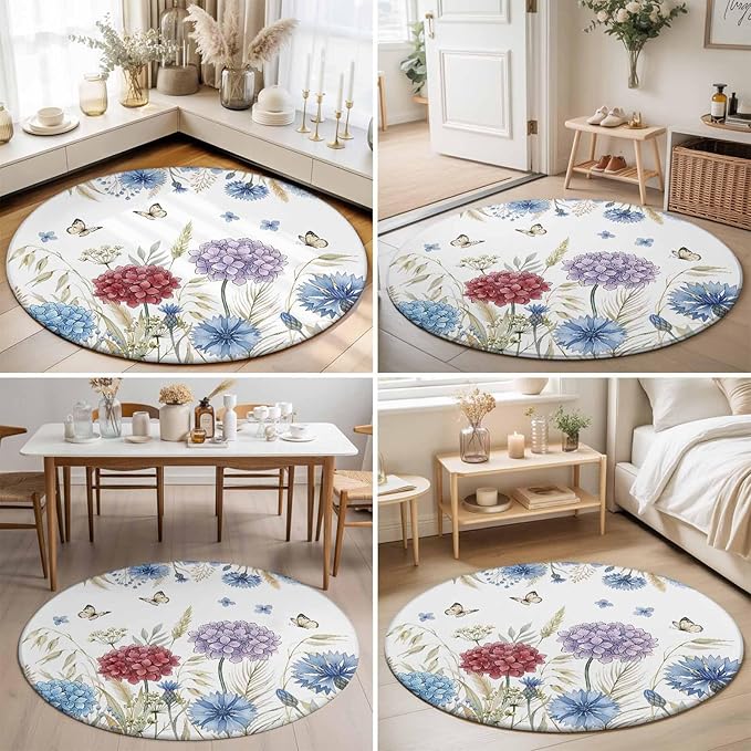 Washable Round Area Rug Watercolor Hydrangea Flower Circle Rugs Floor Carpet for Living Room Bedroom, Garden Floral Butterfly Leaves Soft Non Slip Round Rug 5ft