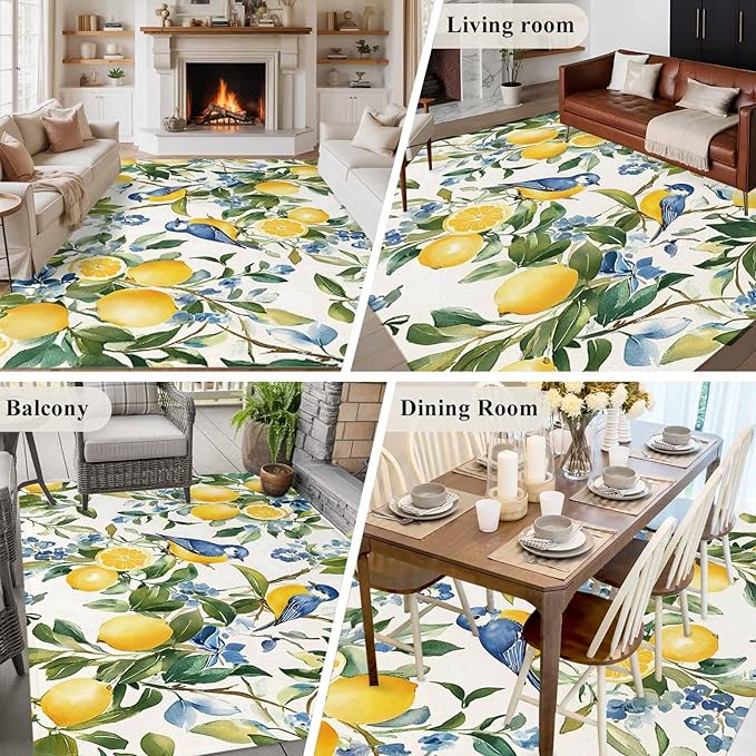 Area Rug 6x9ft, Pastoral Vintage Lemon Blue Bird Washable Rugs for Living Room Bedroom, Retro Yellow Fruit Flowers Soft Non-Slip Area Rugs Rectangle Floor Carpet for Dining Room