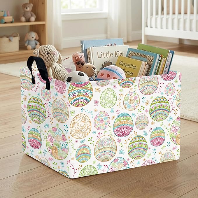Kid Large Empty Easter Basket Gift Personalized Fabric Bunny Easter Basket for Boy and Girl Room Decor Storage Bin (Retro Easter Egg Flower)