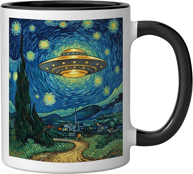 Ufo Over Starry Night Van Gogh Style Sci Fi Saucer Art Ceramic Mug, Black/White