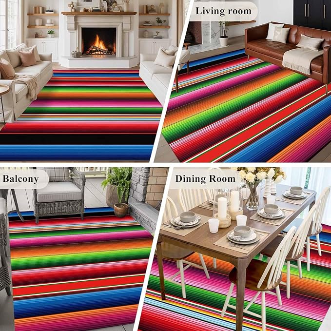Area Rug 6x9ft, Mexico Art Colorful Stripes Washable Rugs for Living Room Bedroom, Color Gradient Lines Soft Non-Slip Area Rugs Rectangle Floor Carpet for Dining Room