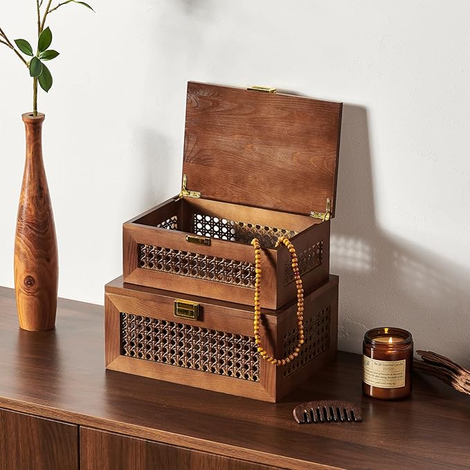 Decorative Rattan Storage Boxes Solid Wood Woven Baskets Bins with Lid Keepsake Memory Jewelry Box Natural Boho Shelf Wicker Closet Desk Organizer Container (Walnut Color, Small Size)