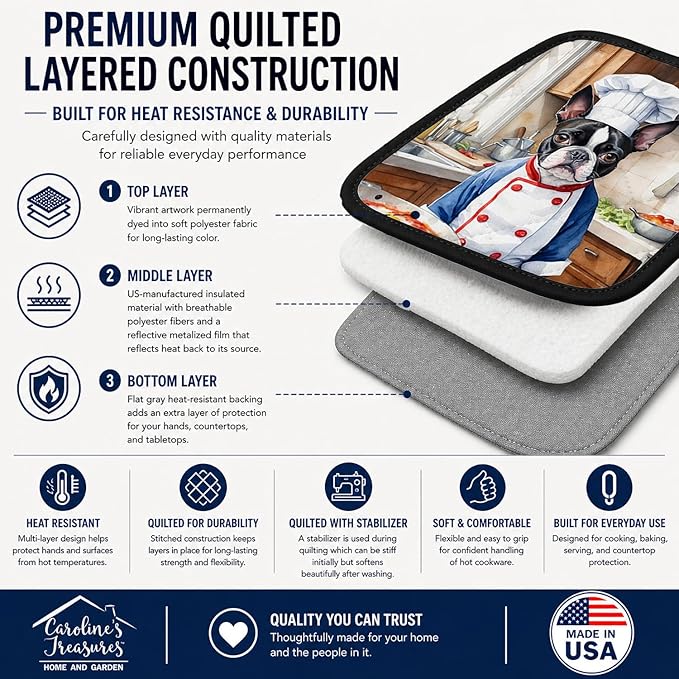 Caroline's Treasures Boston Terrier The Chef Pair of Pot Holders Kitchen Heat Resistant Pot Holders Sets Oven Hot Pads for Cooking Baking BBQ, 7 1/2 x 7 1/2