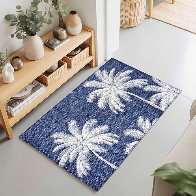 Area Rug 2x3ft, Coastal Palm Trees on Blue Washable Rugs for Living Room Bedroom, Minimalist Tropical Leaves Soft Non-Slip Area Rugs Rectangle Floor Carpet for Dining Room