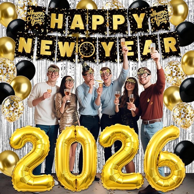 New Years Decorations 2026, New Years Eve Party Supplies 2026 with Happy New Year Banner Silver Fringe Curtains 32inch 2026 Balloons Hats Glasses Noise Makers for NYE Decorations 2026