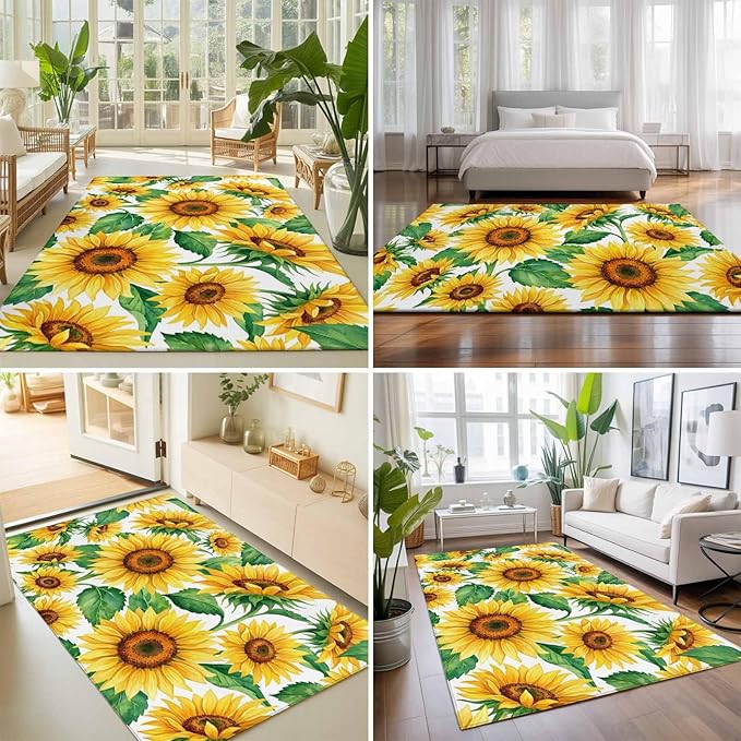 Area Rug 9x12ft, Summer Garden Sunflower Leaves Washable Rugs for Living Room Bedroom Rectangle Floor Carpet, Farm Blossom Floral Soft Non-Slip Area Rugs for Dining Room