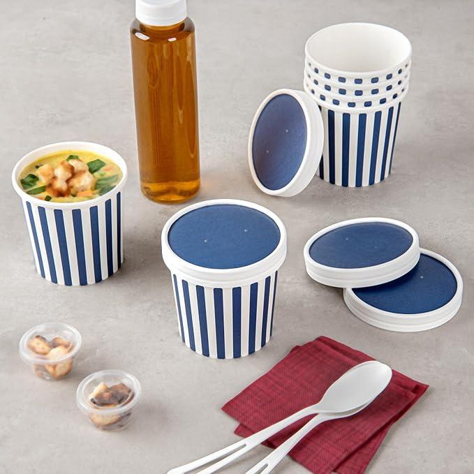 Restaurantware Bio Tek Blue Paper Soup Container Lids, 200 Disposable, 12 Ounce, Round, Modern Style, Airtight, Sold Separately