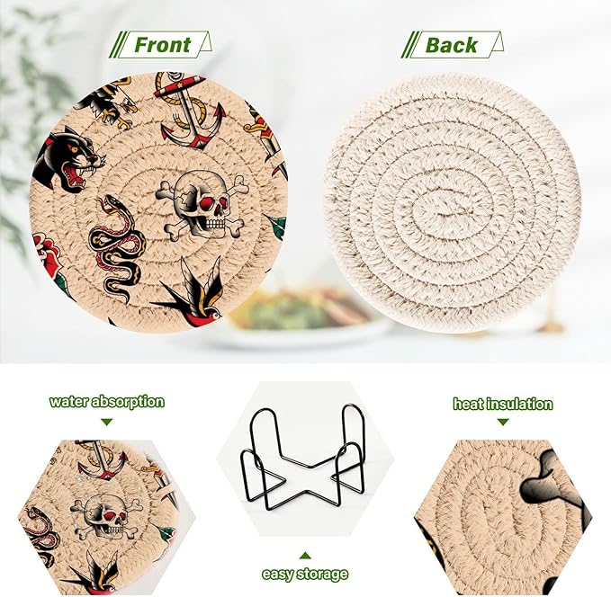 YETTASBIN Old School Tattoo 6 Pcs Drink Coasters with Holder, Cotton Woven Absorbent Heat-Resistant Round Coaster Non-Slip Table Mat for Kitchen Bar Home Decor Housewarming Gift, 3.9 in