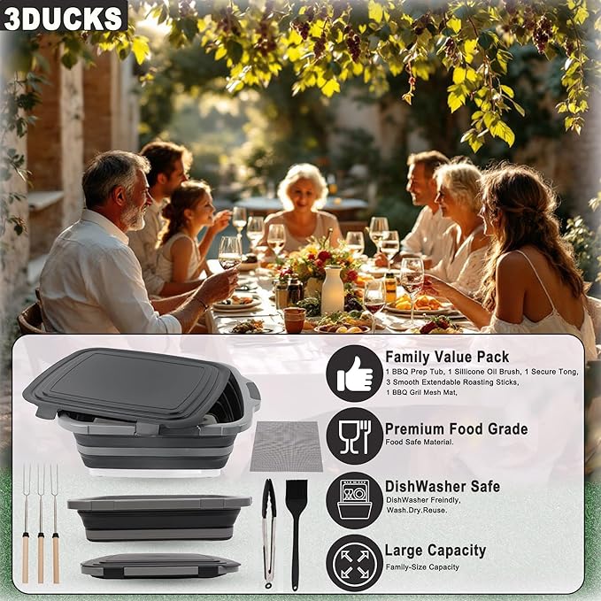 Collapsible BBQ Prep Tub 8L Black | Portable Meat Marinating Container with Locking Cutting Board Lid, BBQ Tongs, Grill Mesh, Silicone Brush & 3 Roasting Sticks for Camping & Outdoor Grilling