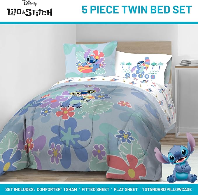 Jay Franco Disney Lilo and Stitch Twin Size Comforter Set - 5 Piece Bedding Includes Sheet Set & Pillow Covers - Super Soft Tropical Bedding