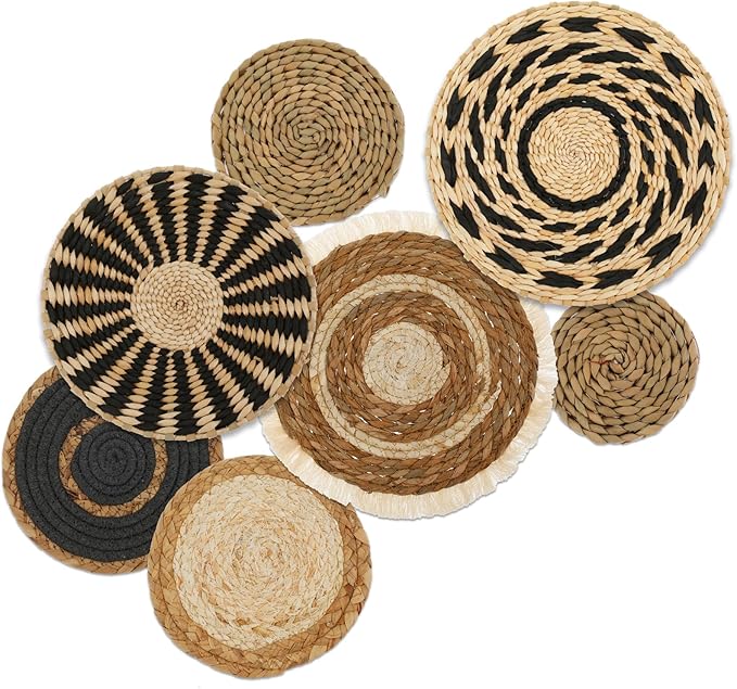 7 Pcs Round Bohemian Woven Wall Basket Decor Rustic Handmade Woven Wall Decor for Home Farmhouse Kitchen Table Living Room Party