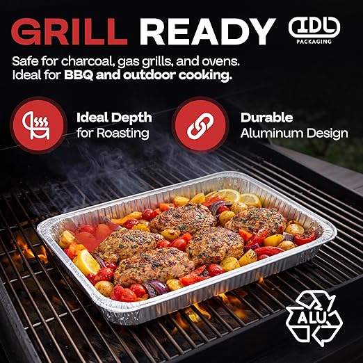 IDL Packaging Half-Size Aluminum Steam Table Pans - Deep, 13" x 11" x 3" (Pack of 5) - Disposable Foil Pan for Grilling, Roasting, BBQ, Cooking, Baking, Freezing