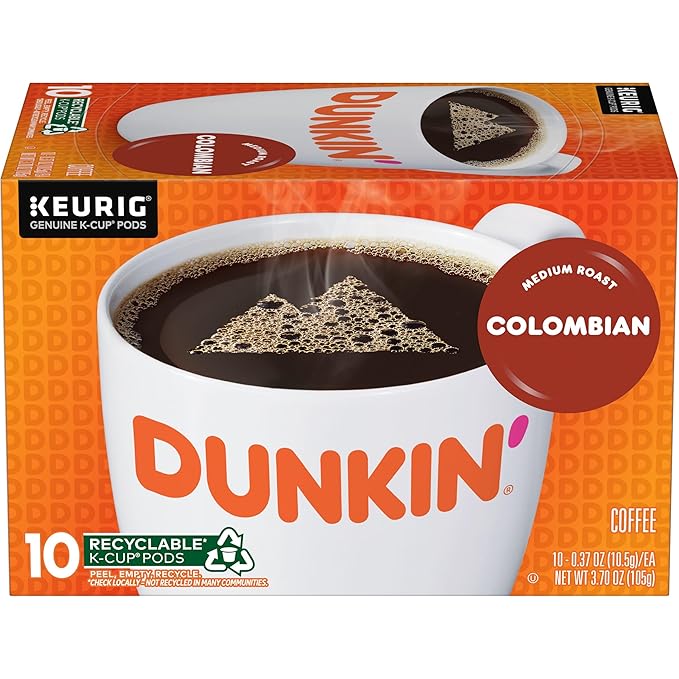 Dunkin’ Colombian Medium Roast Coffee, Keurig K-Cup Pods, 10 Count Boxes (Pack of 6)
