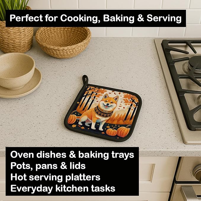 Caroline's Treasures DAC1072PTHD Shiba Inu Fall Pair of Pot Holders Kitchen Heat Resistant Pot Holders Sets Oven Hot Pads for Cooking Baking BBQ, 7 1/2 x 7 1/2