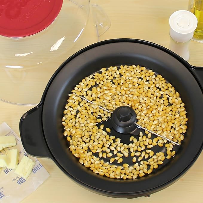 West Bend Stir Crazy Hot Oil Popcorn Popper, Popcorn Maker Machine with Large Serving Bowl Lid and Stirring Rod Perfect for Movie Night Snack Time or Parties, 6-Quart, Red