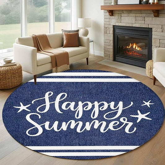 Washable Round Area Rug Happy Summer Quote Ocean Starfish Circle Rugs Floor Carpet for Living Room Bedroom, Navy Blue Stripe Denim Texture Soft Non Slip Round Rug 5ft